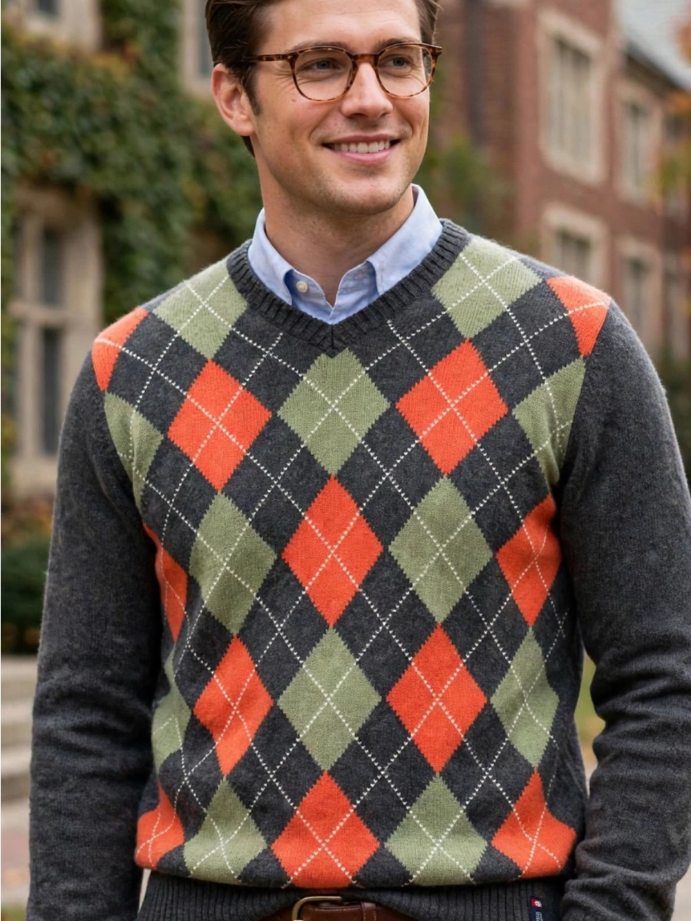 Vintage Nautica Jeans Co Preppy Argyle Sweater M Grey Orange Green Cotton Wool